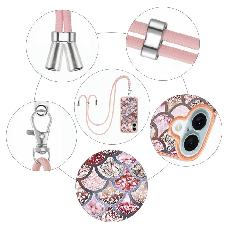 For iPhone 16 Electroplating Pattern IMD TPU Shockproof Case with Neck Lanyard