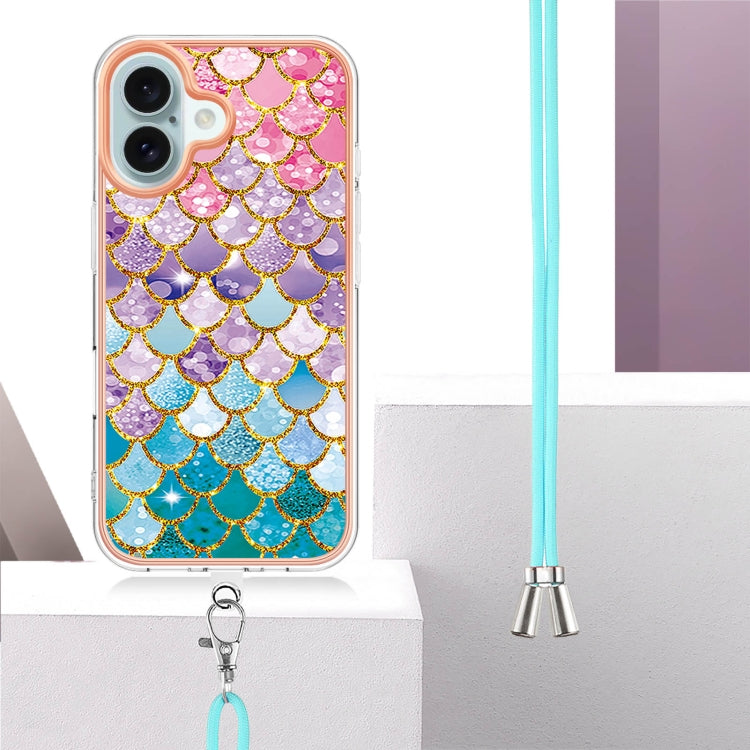 For iPhone 16 Electroplating Pattern IMD TPU Shockproof Case with Neck Lanyard