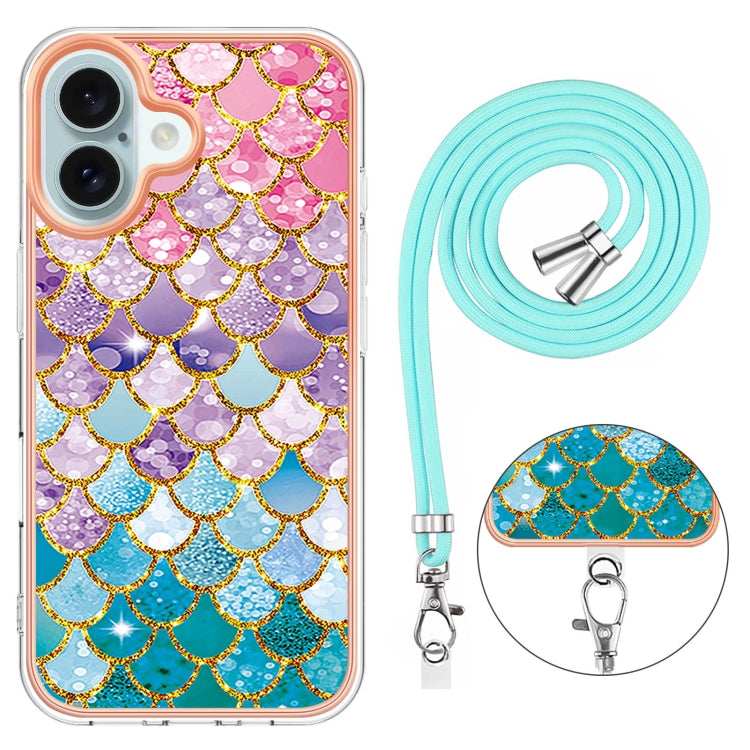 For iPhone 16 Electroplating Pattern IMD TPU Shockproof Case with Neck Lanyard