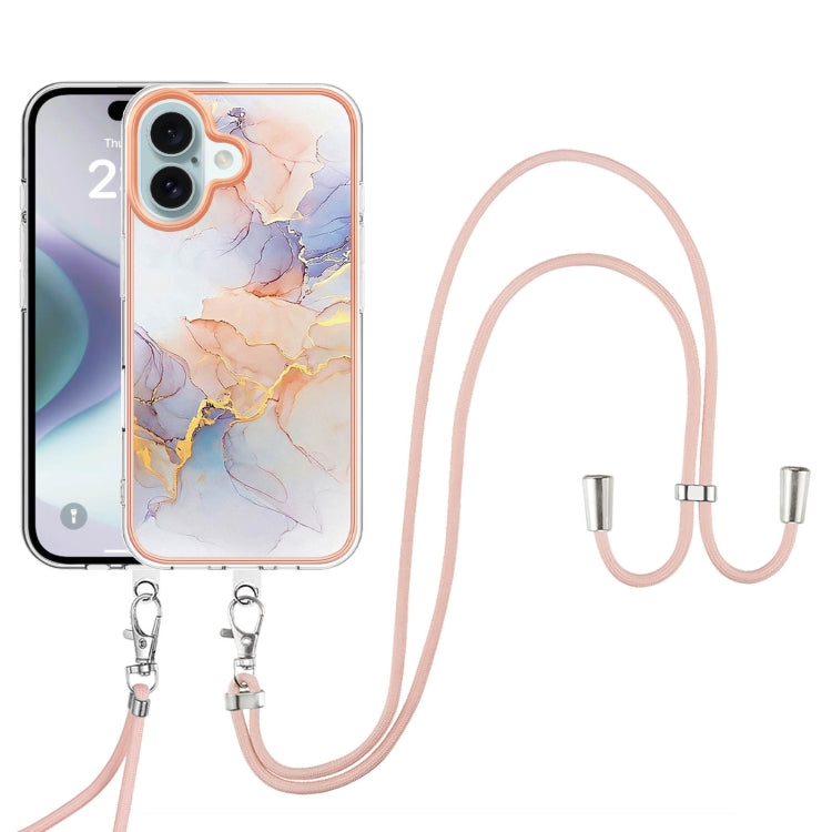 For iPhone 16 Electroplating Pattern IMD TPU Shockproof Case with Neck Lanyard