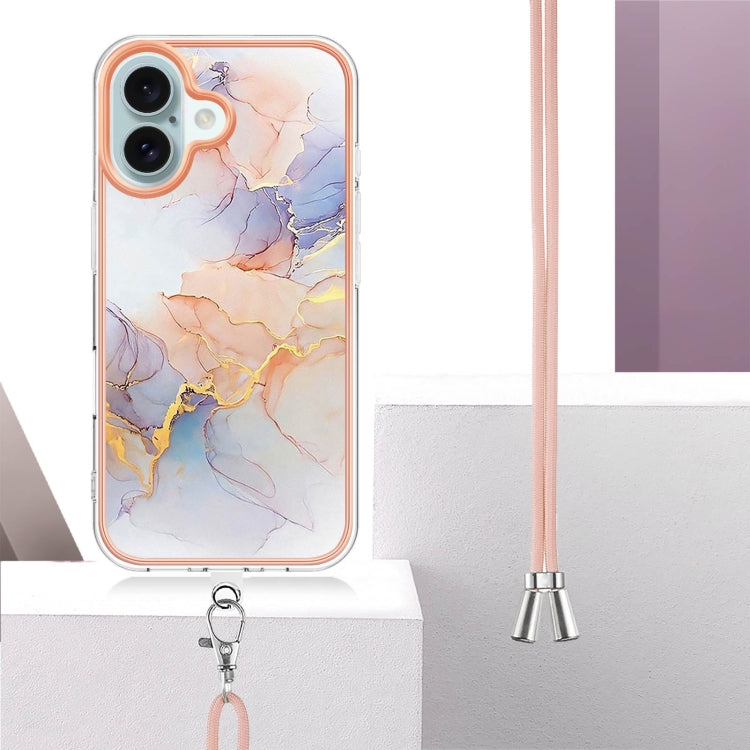 For iPhone 16 Electroplating Pattern IMD TPU Shockproof Case with Neck Lanyard