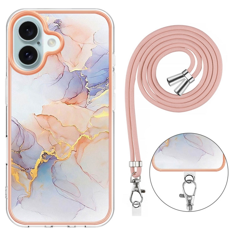 For iPhone 16 Electroplating Pattern IMD TPU Shockproof Case with Neck Lanyard