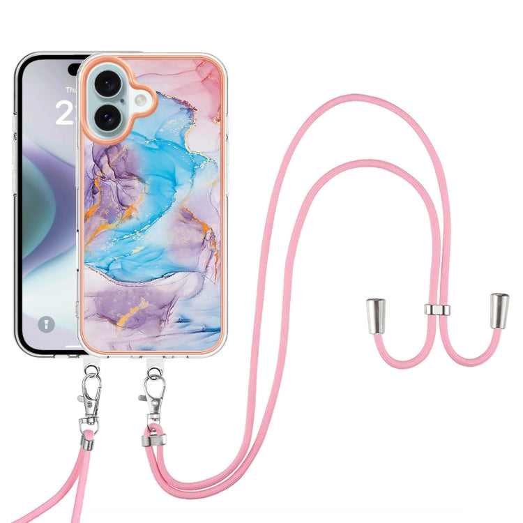 For iPhone 16 Electroplating Pattern IMD TPU Shockproof Case with Neck Lanyard