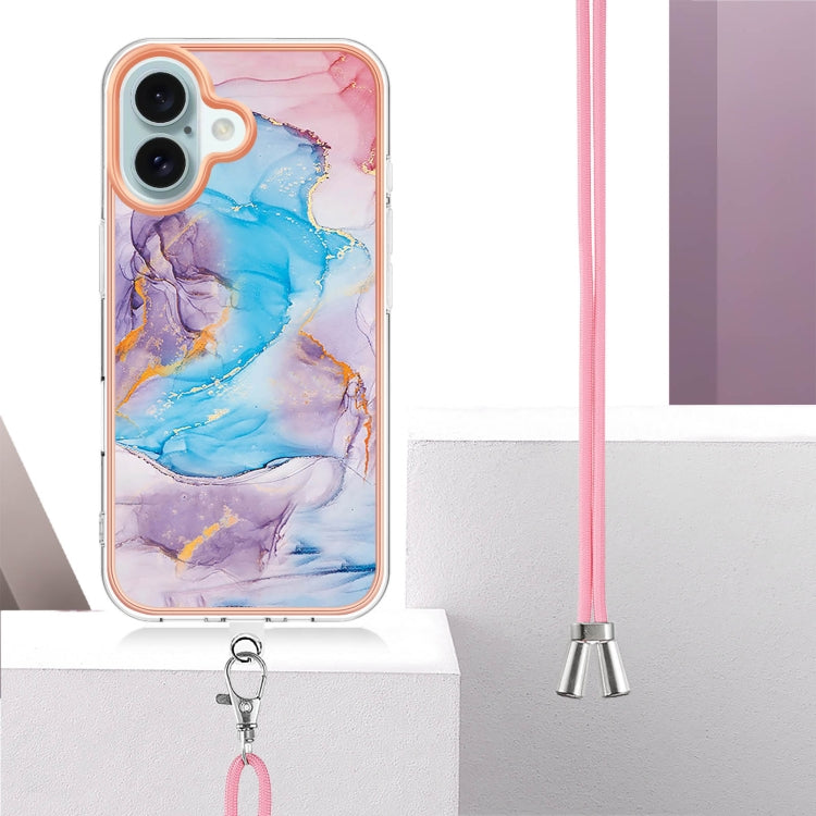 For iPhone 16 Electroplating Pattern IMD TPU Shockproof Case with Neck Lanyard