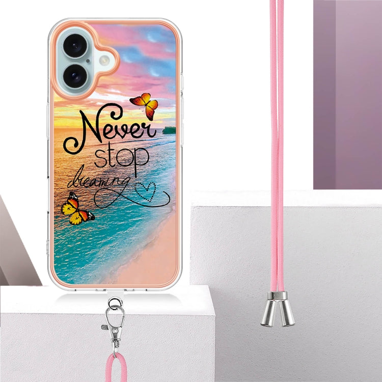 For iPhone 16 Electroplating Pattern IMD TPU Shockproof Case with Neck Lanyard
