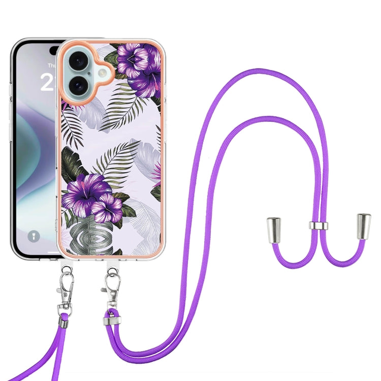 For iPhone 16 Electroplating Pattern IMD TPU Shockproof Case with Neck Lanyard