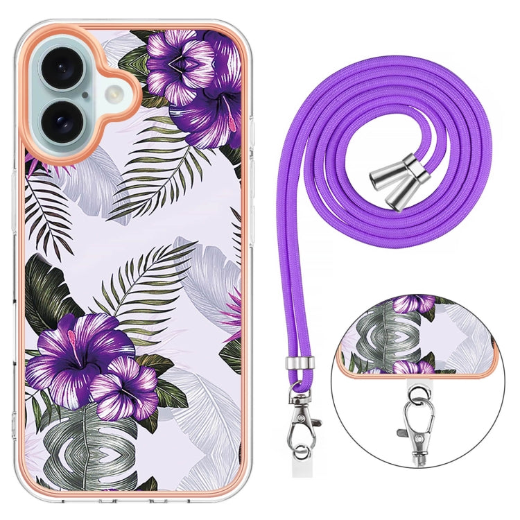 For iPhone 16 Electroplating Pattern IMD TPU Shockproof Case with Neck Lanyard