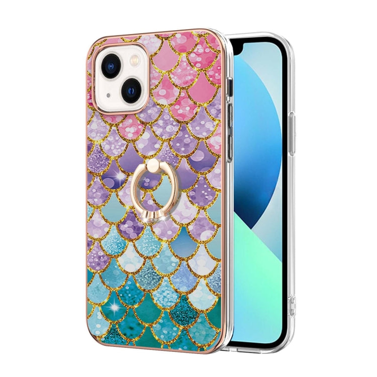 For iPhone 15 Electroplating Pattern IMD TPU Shockproof Case with Rhinestone Ring Holder
