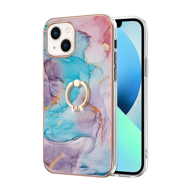 For iPhone 15 Electroplating Pattern IMD TPU Shockproof Case with Rhinestone Ring Holder