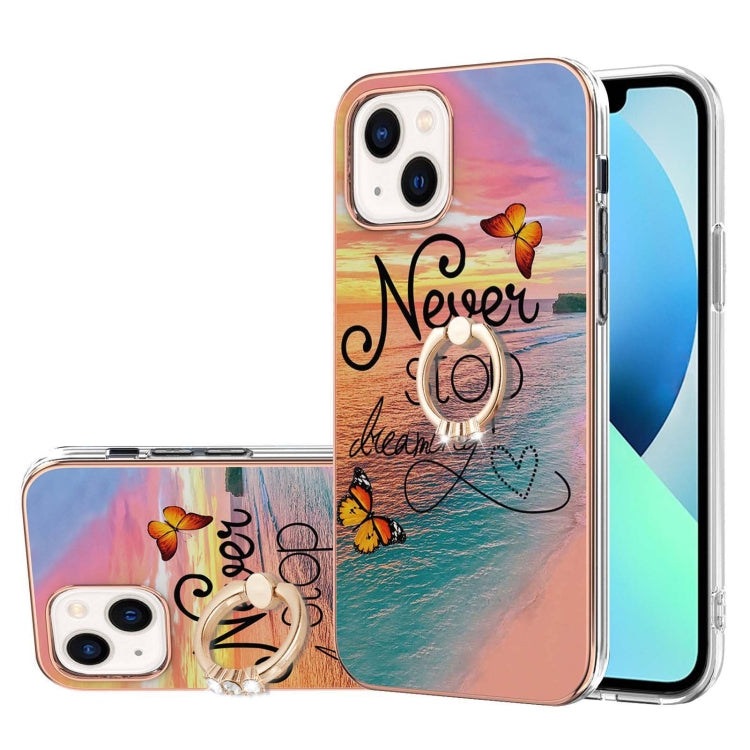 For iPhone 15 Electroplating Pattern IMD TPU Shockproof Case with Rhinestone Ring Holder