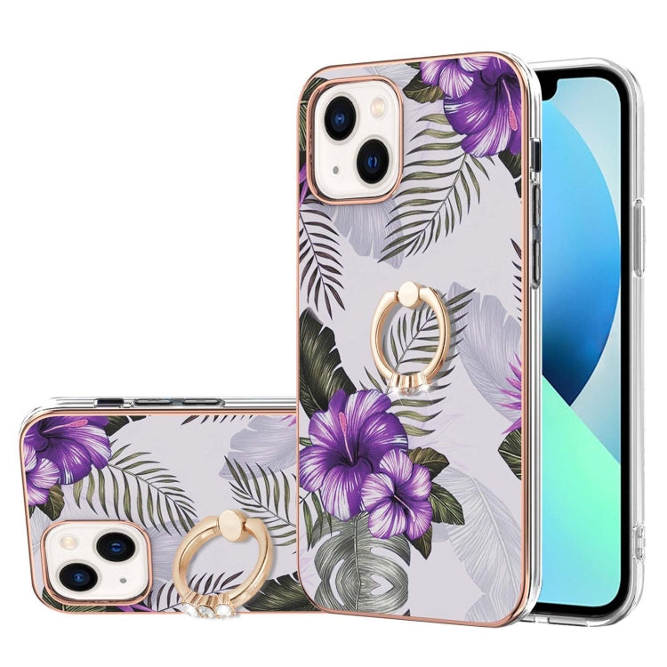 For iPhone 15 Electroplating Pattern IMD TPU Shockproof Case with Rhinestone Ring Holder