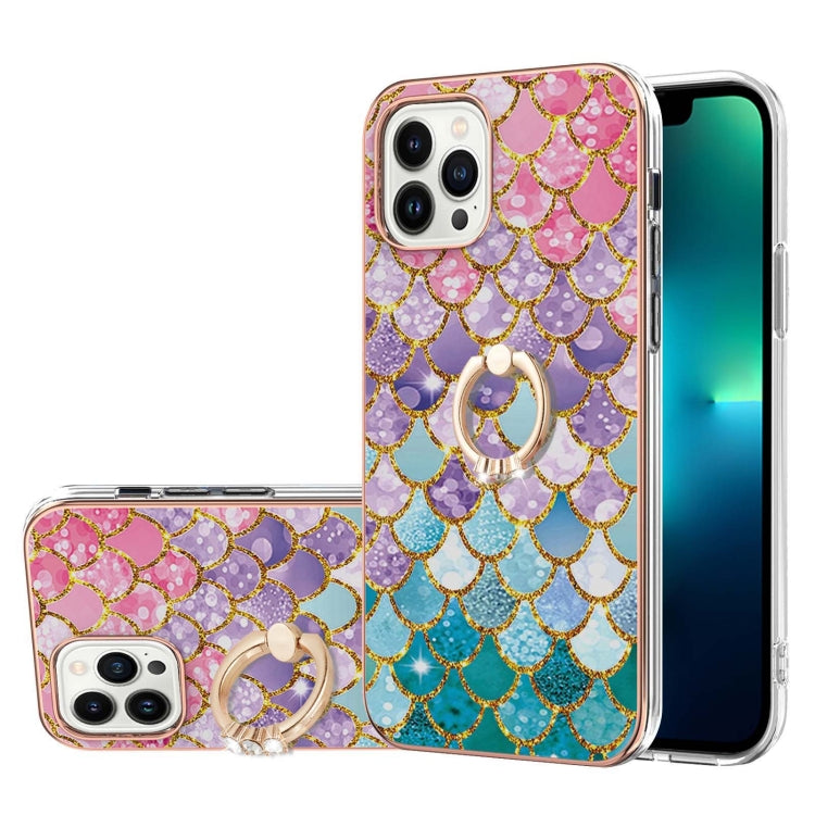For iPhone 15 Pro Electroplating Pattern IMD TPU Shockproof Case with Rhinestone Ring Holder
