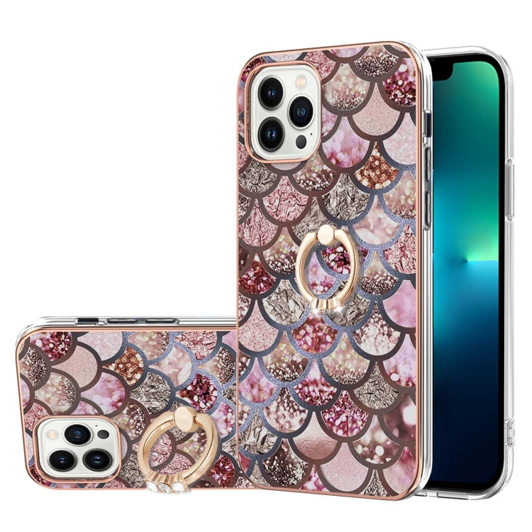 For iPhone 15 Pro Max Electroplating Pattern IMD TPU Shockproof Case with Rhinestone Ring Holder