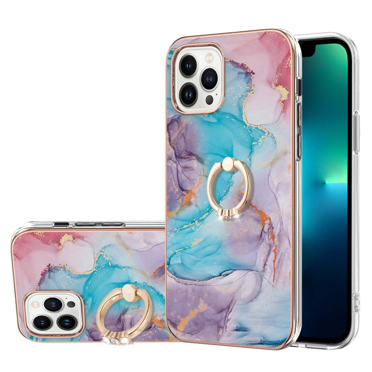 For iPhone 15 Pro Max Electroplating Pattern IMD TPU Shockproof Case with Rhinestone Ring Holder