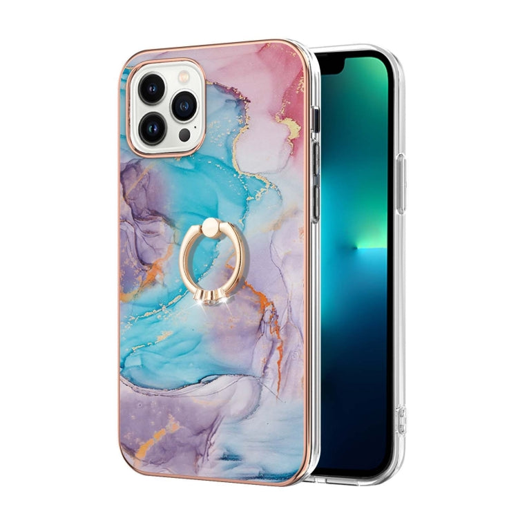 For iPhone 15 Pro Max Electroplating Pattern IMD TPU Shockproof Case with Rhinestone Ring Holder
