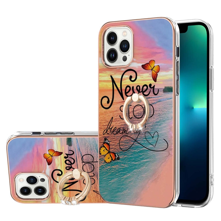 For iPhone 15 Pro Max Electroplating Pattern IMD TPU Shockproof Case with Rhinestone Ring Holder