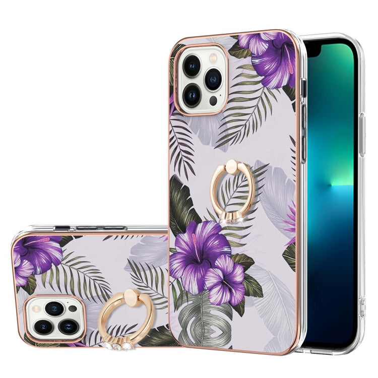 For iPhone 15 Pro Max Electroplating Pattern IMD TPU Shockproof Case with Rhinestone Ring Holder