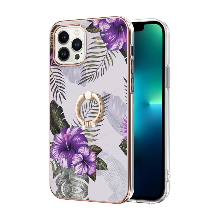 For iPhone 15 Pro Max Electroplating Pattern IMD TPU Shockproof Case with Rhinestone Ring Holder