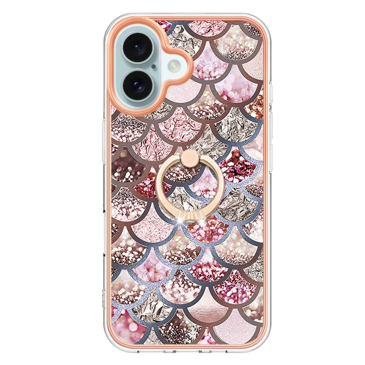 For iPhone 16 Plus Electroplating Pattern IMD TPU Shockproof Case with Rhinestone Ring Holder