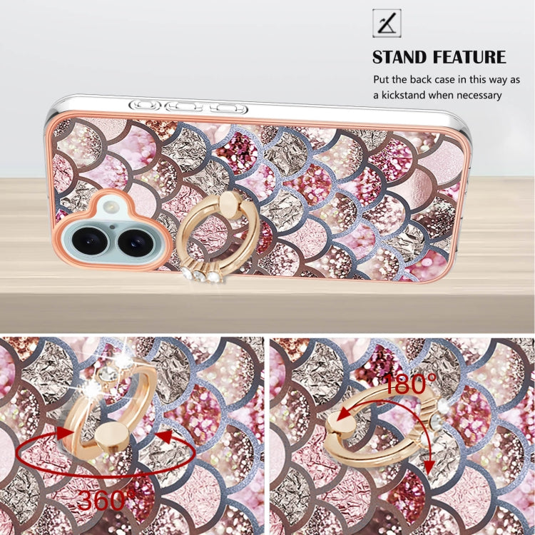 For iPhone 16 Plus Electroplating Pattern IMD TPU Shockproof Case with Rhinestone Ring Holder