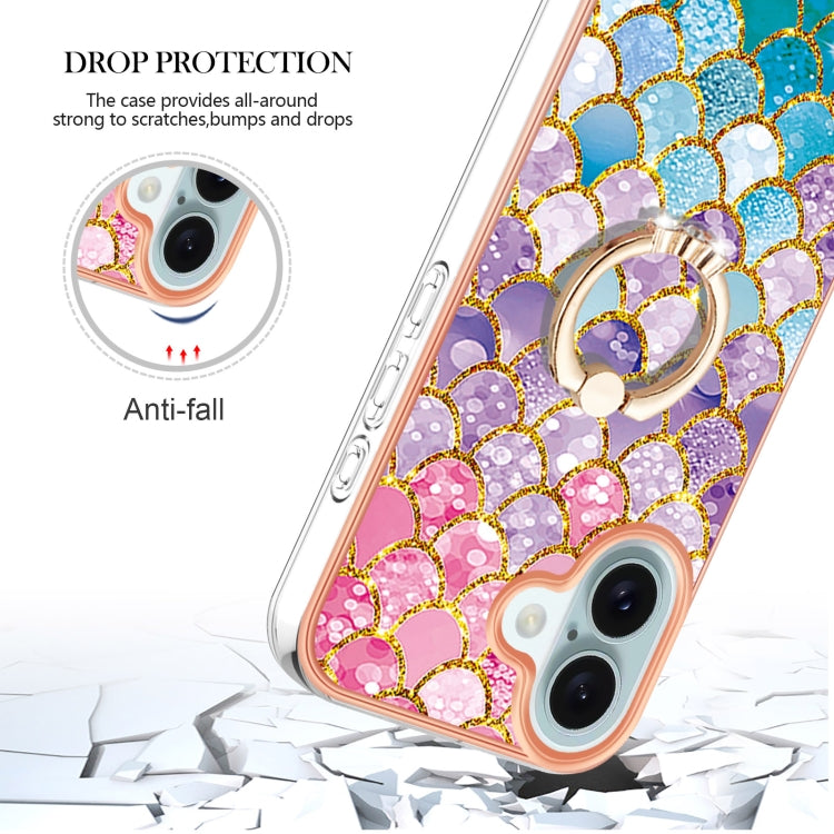 For iPhone 16 Plus Electroplating Pattern IMD TPU Shockproof Case with Rhinestone Ring Holder