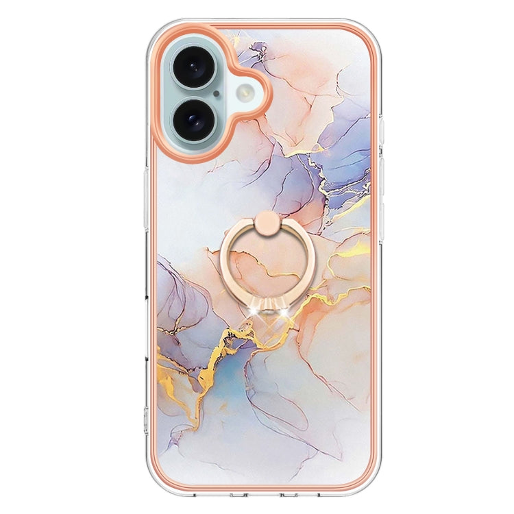 For iPhone 16 Plus Electroplating Pattern IMD TPU Shockproof Case with Rhinestone Ring Holder