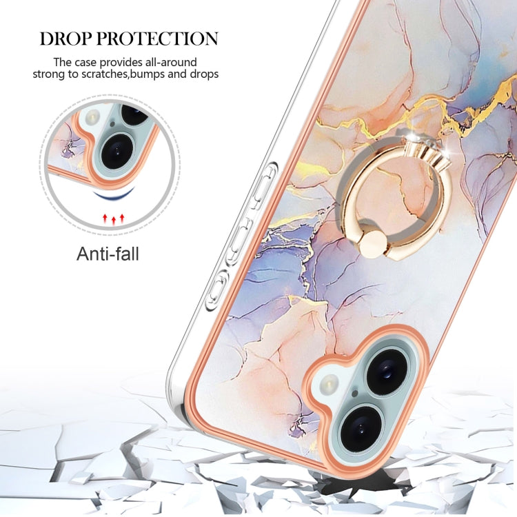 For iPhone 16 Plus Electroplating Pattern IMD TPU Shockproof Case with Rhinestone Ring Holder