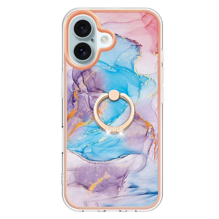 For iPhone 16 Plus Electroplating Pattern IMD TPU Shockproof Case with Rhinestone Ring Holder