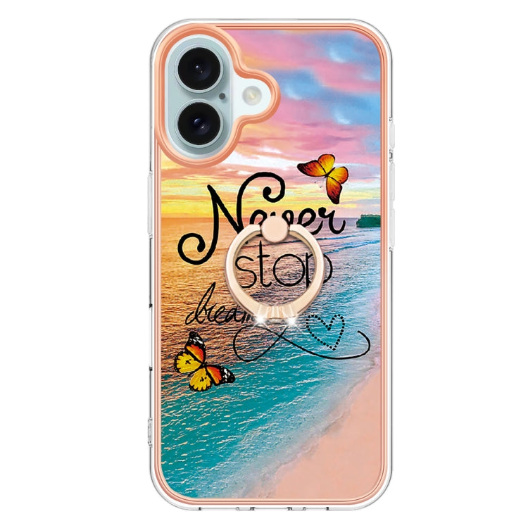 For iPhone 16 Plus Electroplating Pattern IMD TPU Shockproof Case with Rhinestone Ring Holder