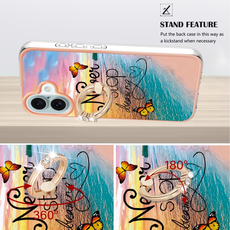 For iPhone 16 Plus Electroplating Pattern IMD TPU Shockproof Case with Rhinestone Ring Holder