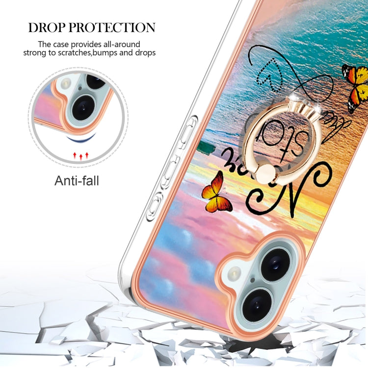 For iPhone 16 Plus Electroplating Pattern IMD TPU Shockproof Case with Rhinestone Ring Holder