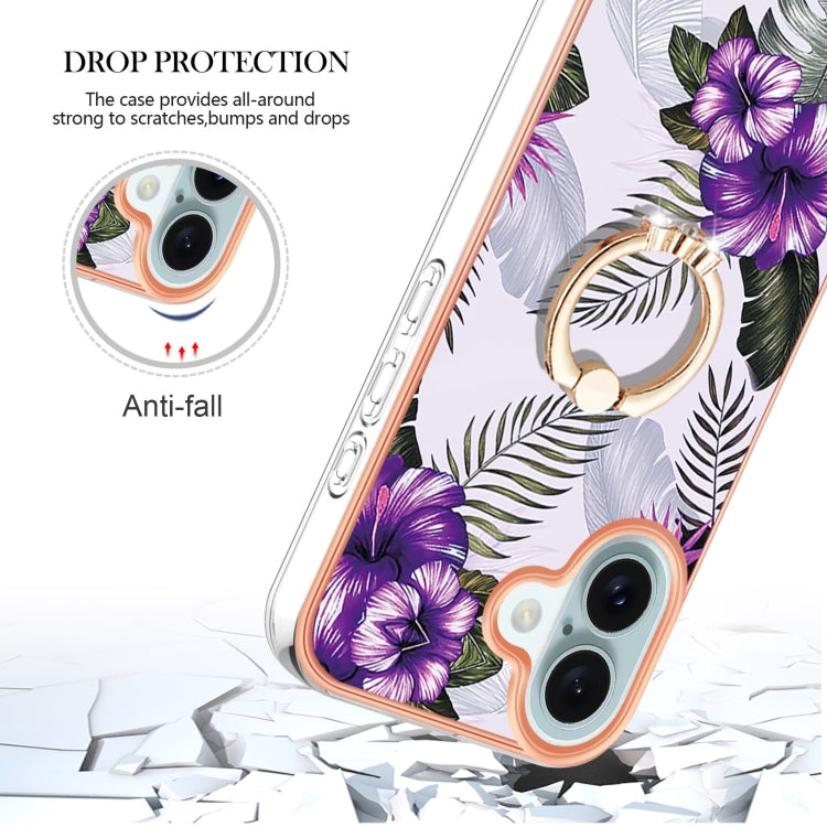 For iPhone 16 Plus Electroplating Pattern IMD TPU Shockproof Case with Rhinestone Ring Holder