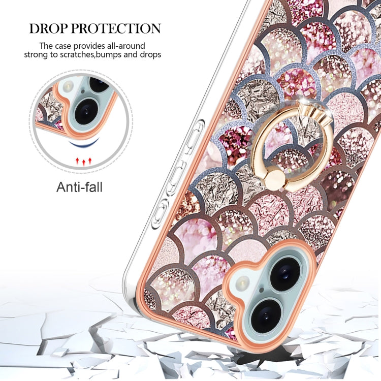 For iPhone 16 Electroplating Pattern IMD TPU Shockproof Case with Rhinestone Ring Holder