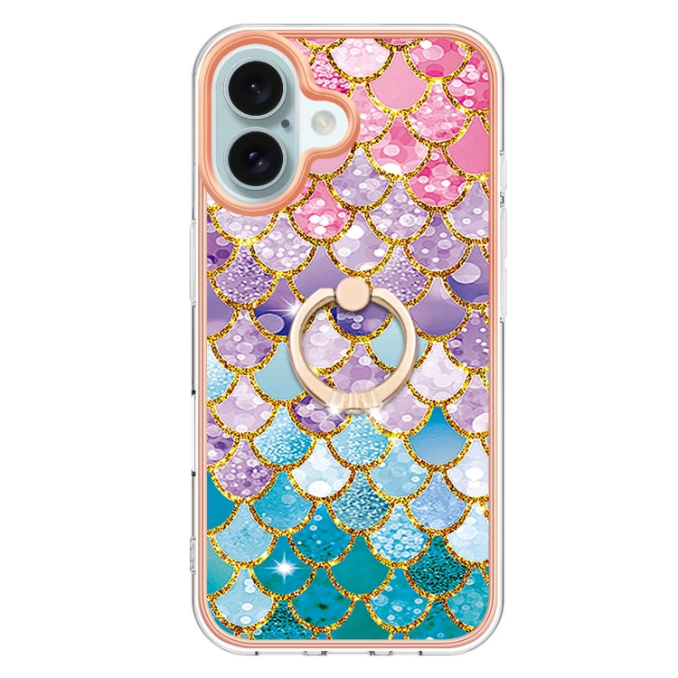 For iPhone 16 Electroplating Pattern IMD TPU Shockproof Case with Rhinestone Ring Holder