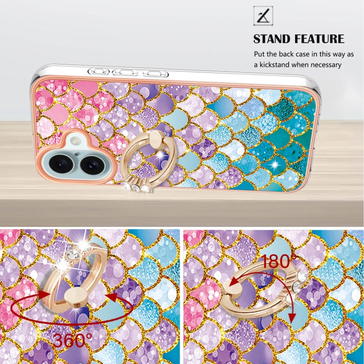 For iPhone 16 Electroplating Pattern IMD TPU Shockproof Case with Rhinestone Ring Holder