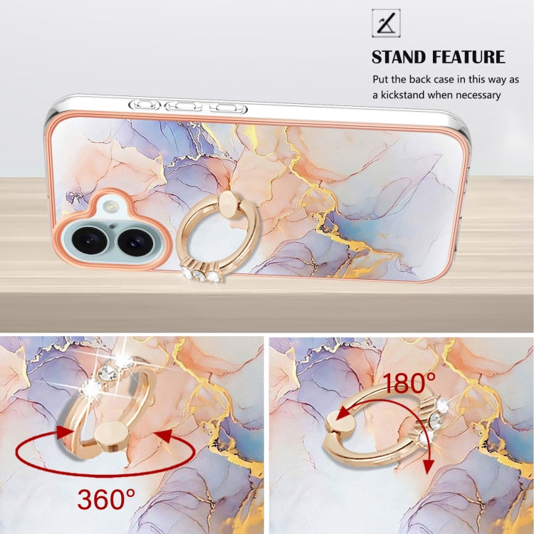 For iPhone 16 Electroplating Pattern IMD TPU Shockproof Case with Rhinestone Ring Holder