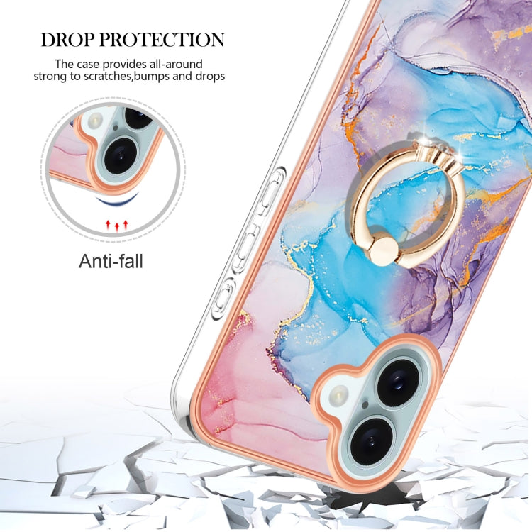 For iPhone 16 Electroplating Pattern IMD TPU Shockproof Case with Rhinestone Ring Holder