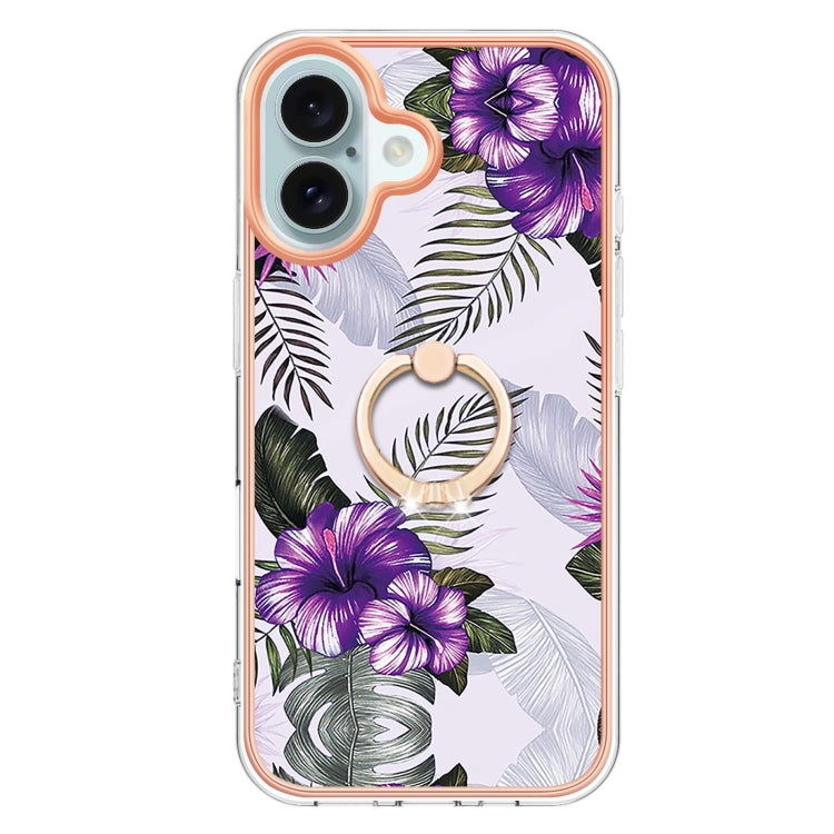 For iPhone 16 Electroplating Pattern IMD TPU Shockproof Case with Rhinestone Ring Holder