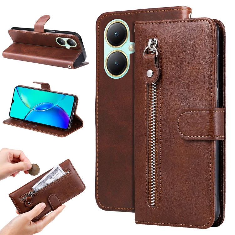 For vivo Y35+ Fashion Calf Texture Zipper Leather Phone Case