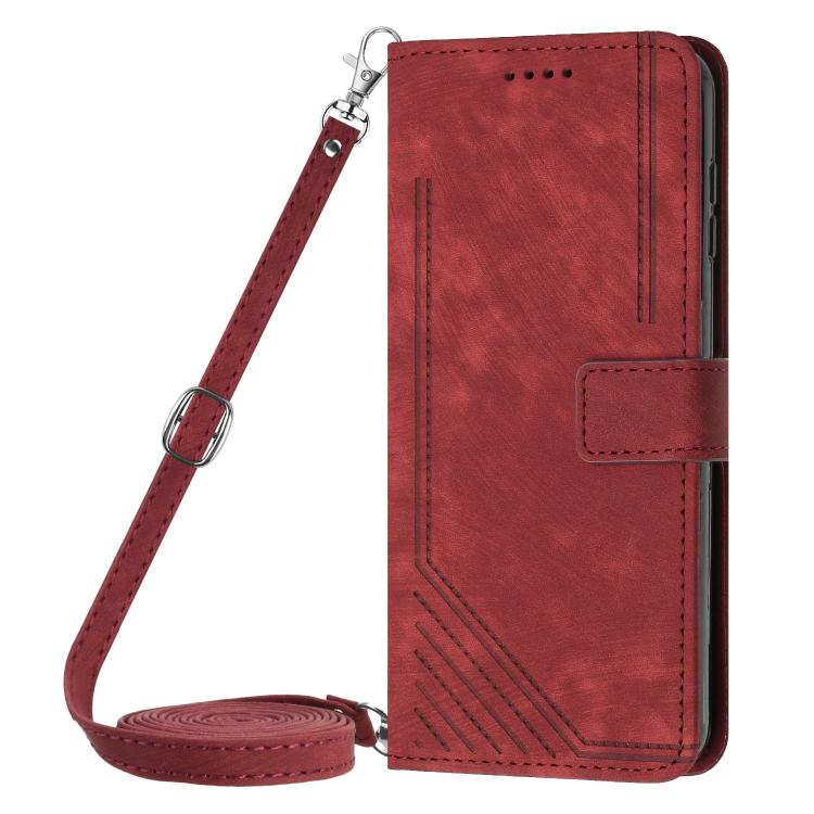 For iPhone 17 Skin Feel Stripe Pattern Leather Phone Case with Lanyard