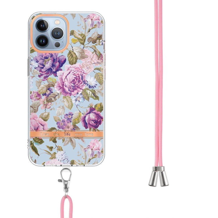 For iPhone 15 Pro Max Flowers and Plants Series IMD TPU Phone Case with Lanyard