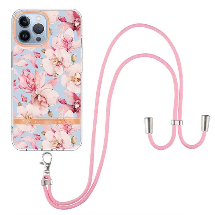 For iPhone 15 Pro Max Flowers and Plants Series IMD TPU Phone Case with Lanyard