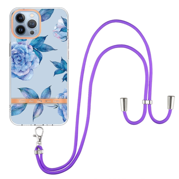For iPhone 15 Pro Max Flowers and Plants Series IMD TPU Phone Case with Lanyard