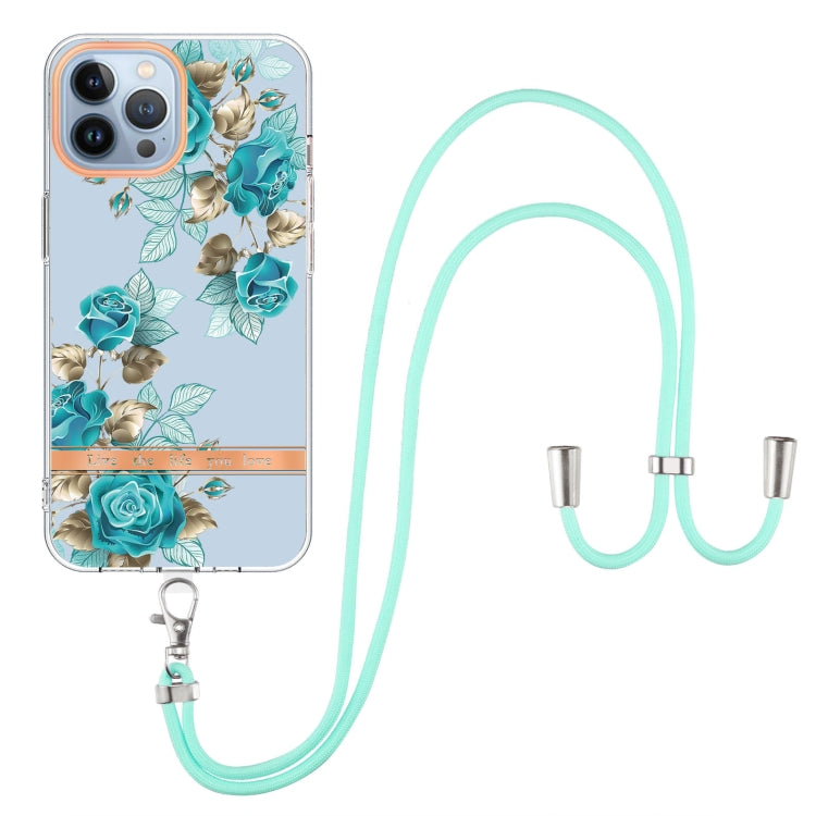 For iPhone 15 Pro Max Flowers and Plants Series IMD TPU Phone Case with Lanyard
