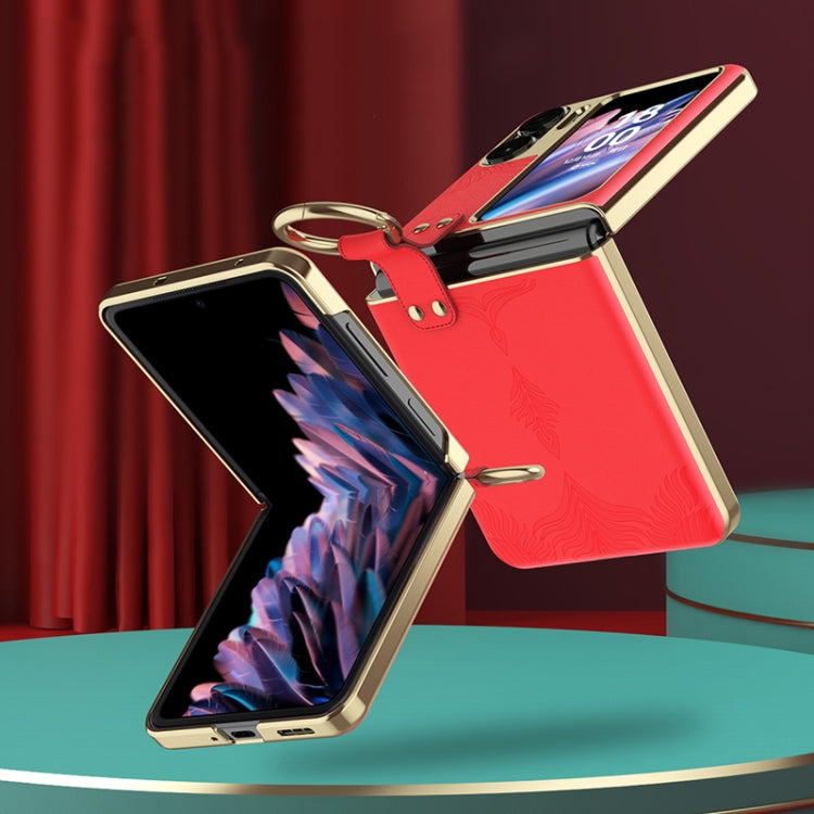 For OPPO Find N2 Flip Electroplated Embossed Leather Phone Case with Ring