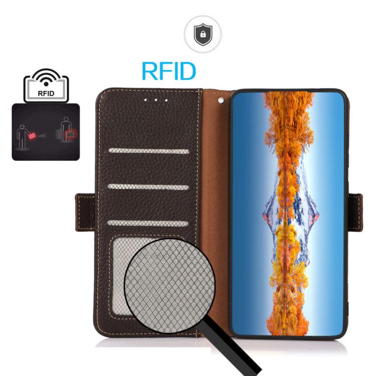 For Motorola Moto G77 5G / G67 5G KHAZNEH Side-Magnetic Litchi Genuine Leather RFID Phone Case
