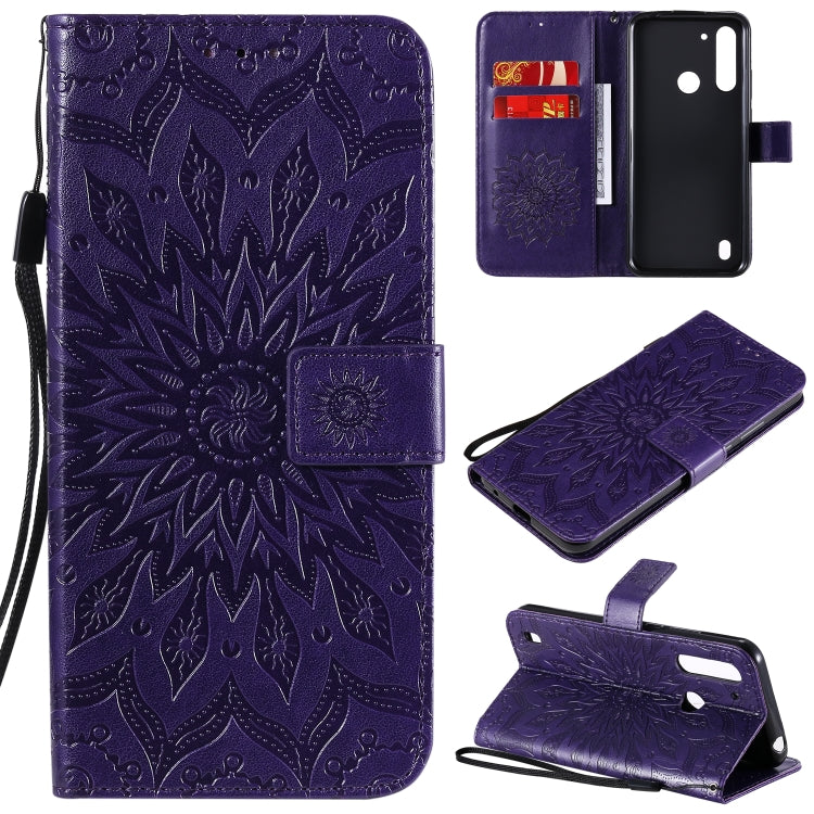For Motorola Moto G8 Power Lite Embossed Sunflower Pattern Horizontal Flip PU Leather Case with Holder & Card Slots & Wallet & Lanyard