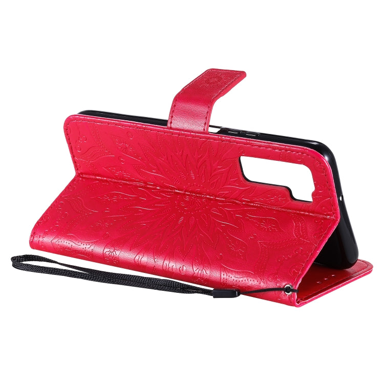 For Huawei Nova 7 SE/P40 Lite 5G Embossed Sunflower Pattern Horizontal Flip PU Leather Case with Holder & Card Slots & Wallet & Lanyard