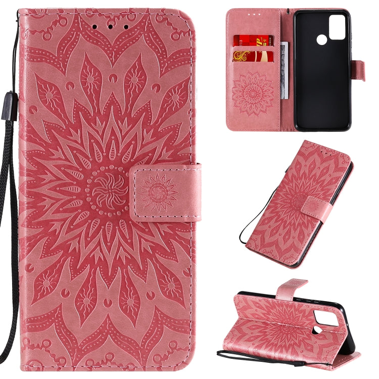 For Huawei Honor 9A Embossed Sunflower Pattern Horizontal Flip PU Leather Case with Holder & Card Slots & Wallet & Lanyard