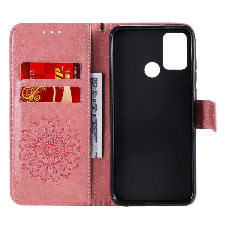 For Huawei Honor 9A Embossed Sunflower Pattern Horizontal Flip PU Leather Case with Holder & Card Slots & Wallet & Lanyard
